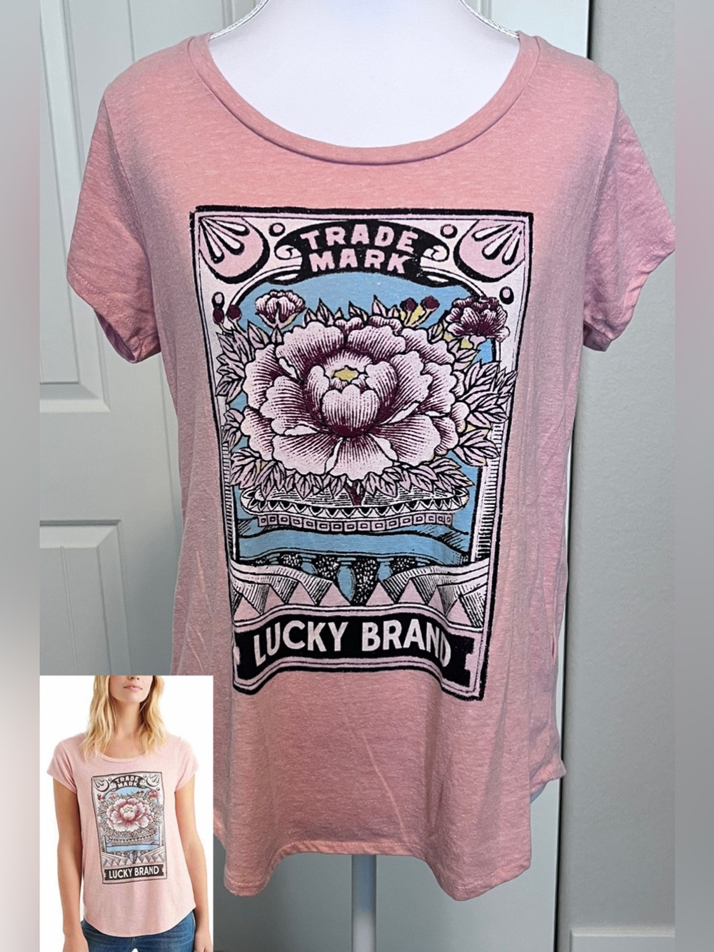 Lucky Brand Pink Floral Graphic Tee Sz Medium